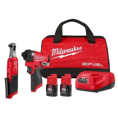 Milwaukee M12 FUEL 12V Lithium-Ion Cordless 3/8 in. Ratchet and 1/4 in. Impact Driver Kit (2-Tool) With FREE Battery!