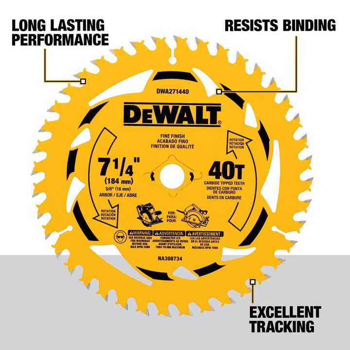 DEWALT 7-1/4 Inch Circular Saw Blade 40T 5/8 Inch Arbor, large image number 1