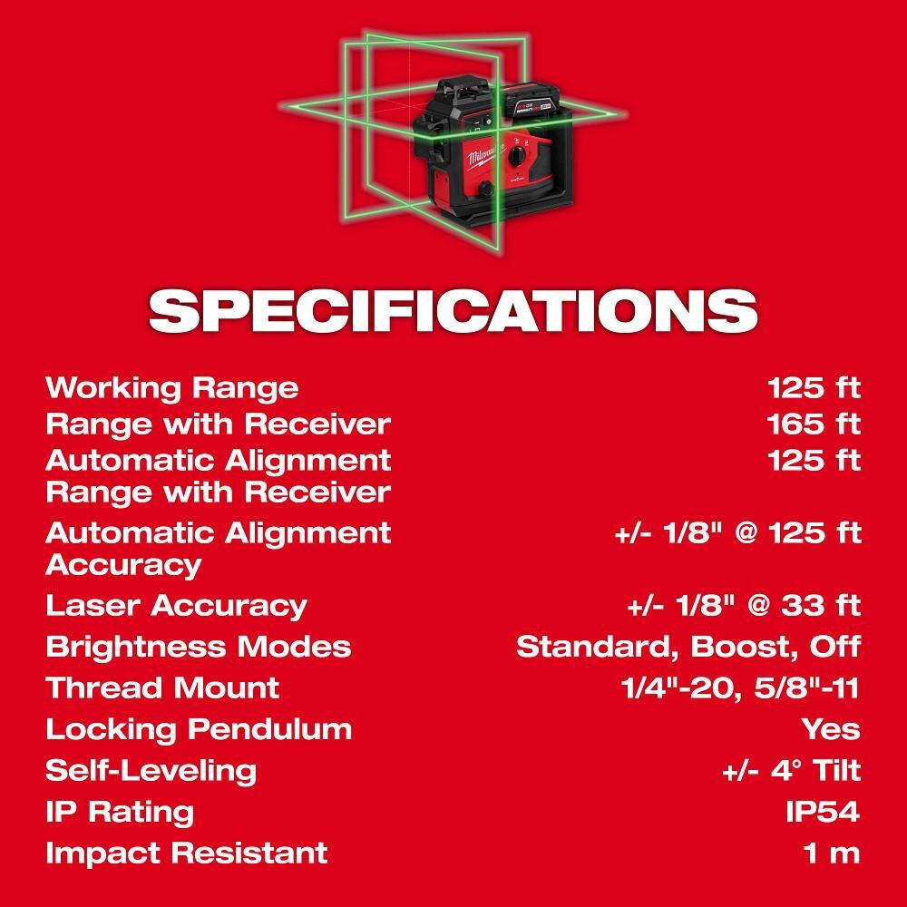 Milwaukee M12 Green 360 3-Plane Laser with Automatic Alignment & Receiver, large image number 9