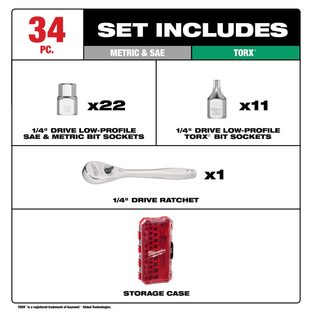 Milwaukee 1/4 Inch Drive Ratchet & Low-Profile Bit Socket Set, 34 Pieces, large image number 2