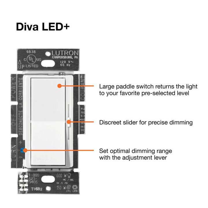 Lutron Diva LED+ 150W 120V 1P Gloss Black Dimmer Switch with 1 Gang, large image number 5