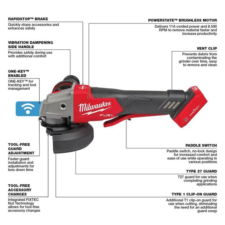 Milwaukee M18 FUEL 4 1/2inch / 5inch Braking Grinder Paddle Switch No Lock (Bare Tool), large image number 2