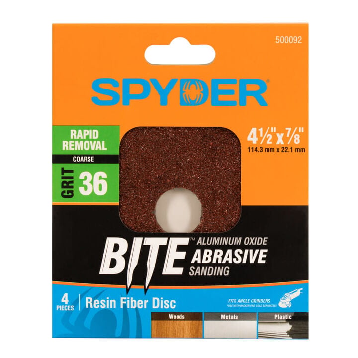 Spyder 4.5 Inch Resin Fiber Sanding Disc, 36 Grit Alum Oxide 4 Pieces