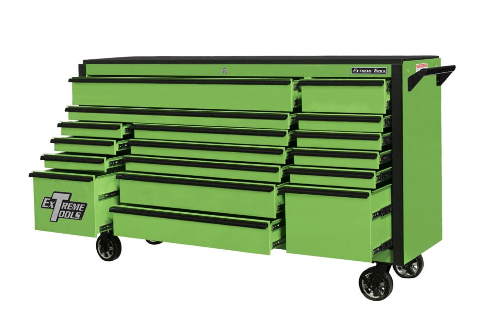 Extreme Tools DX Series 72 Inch W x 21 Inch D 17 Drawer Triple Bank Roller Cabinet 100 lbs Slides Green with Black Drawer Pulls, large image number 4