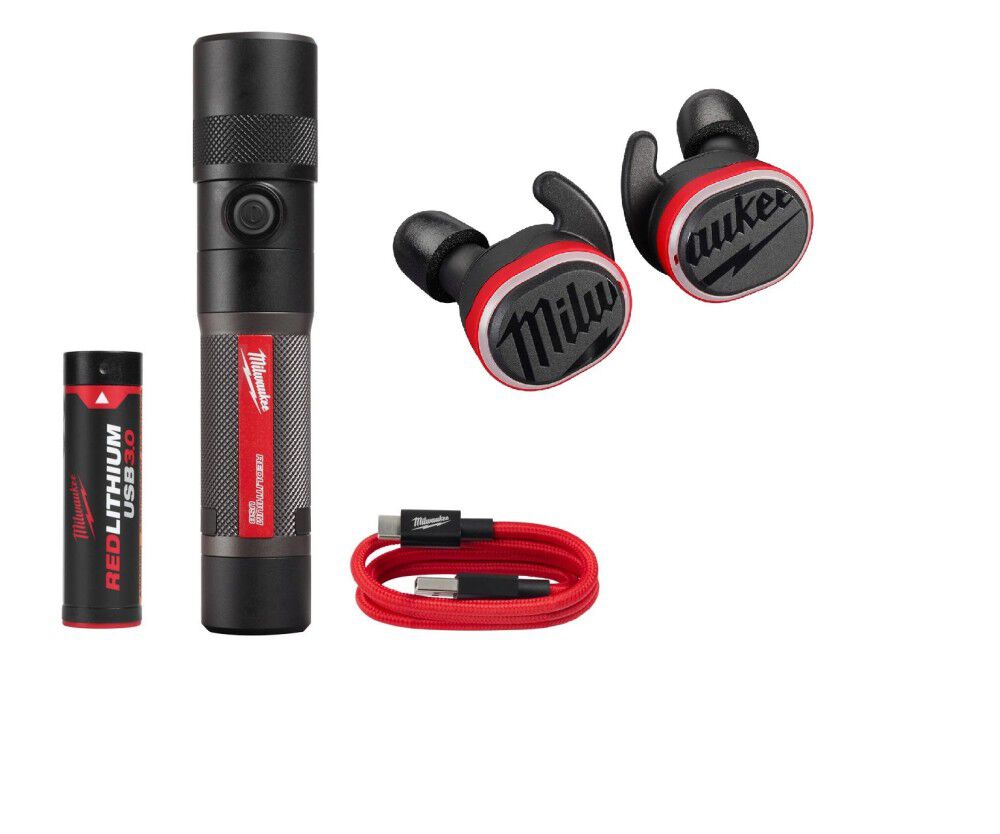 Milwaukee REDLITHIUM USB Bluetooth Jobsite Ear Buds & USB Rechargeable 1100L Twist Focus Flashlight Bundle, large image number 1