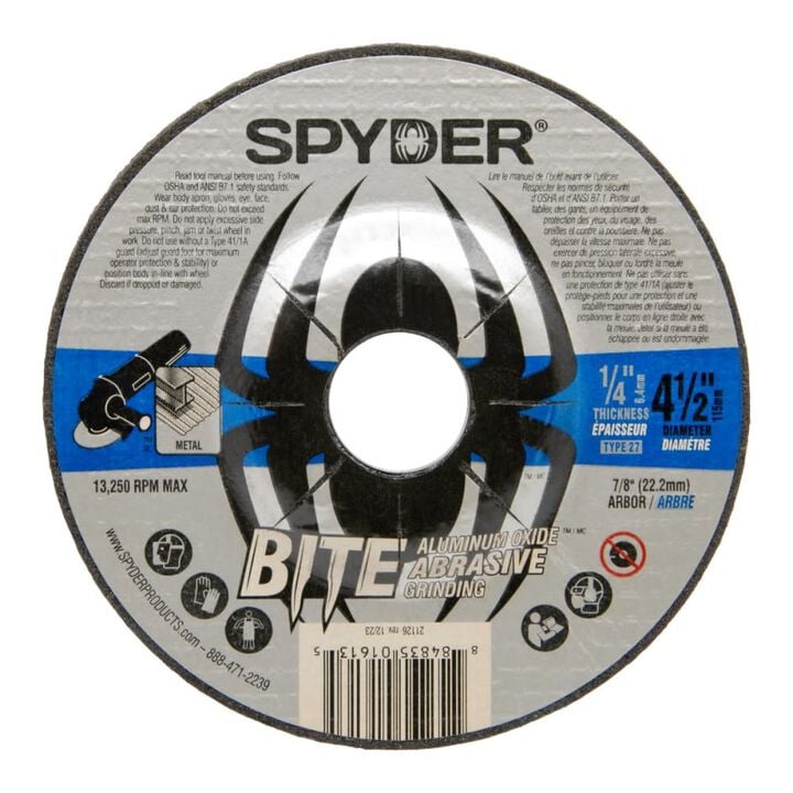 Spyder 4.5 Inch Alum Oxide Grinding Wheel, Type 27, 7/8 Inch Arbor, 1/4 Inch Thick