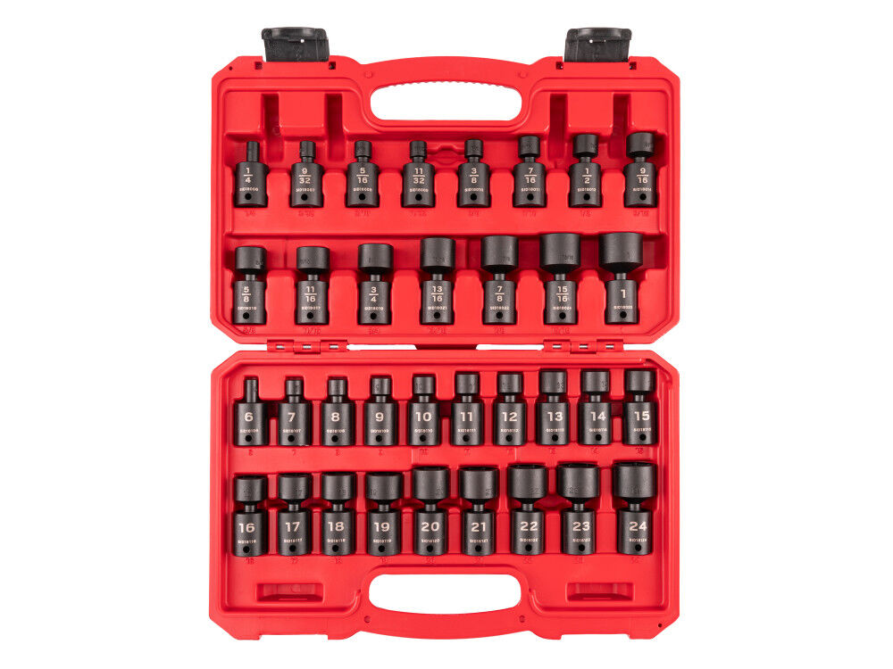 Tekton 3/8 Inch Drive Universal Joint Impact Socket Set, 34 Pieces 1/4-1 Inch, 6-24 mm - SID97303