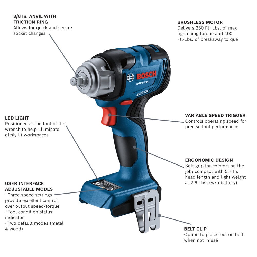 Bosch 18V 3/8 Inch Impact Wrench with Friction Ring (Bare Tool) Reconditioned, large image number 2