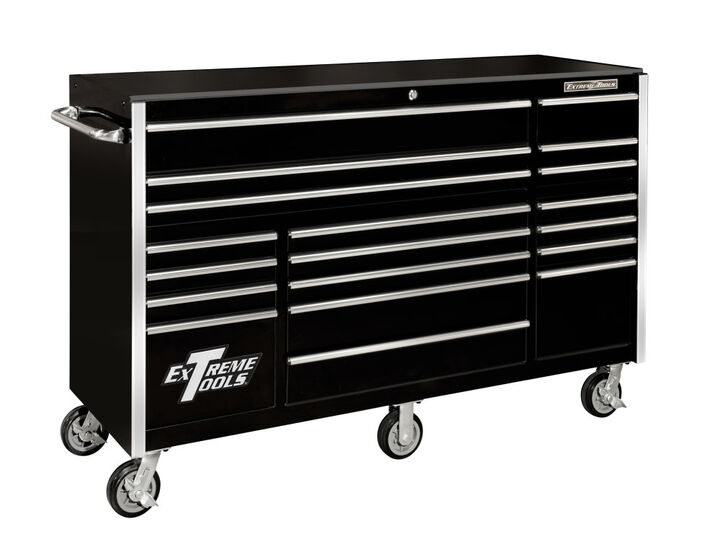 Extreme Tools RX Series 72 Inch W x 25 Inch D 19 Drawer Triple Bank Roller Cabinet 150 lb Slides Black with Chrome Drawer Pulls, large image number 1