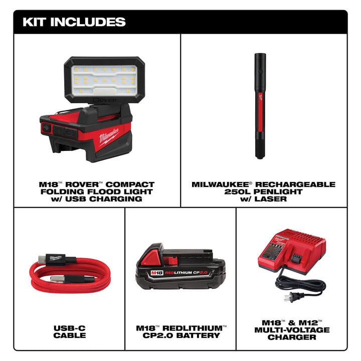 Milwaukee M18 ROVER Compact Folding Flood Light and Rechargeable 250L Penlight with Laser Combo Kit, large image number 1