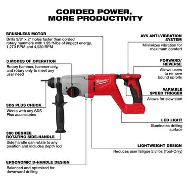 Milwaukee M18 Rotary Hammer 1 SDS Plus D Handle (Bare Tool), large image number 2