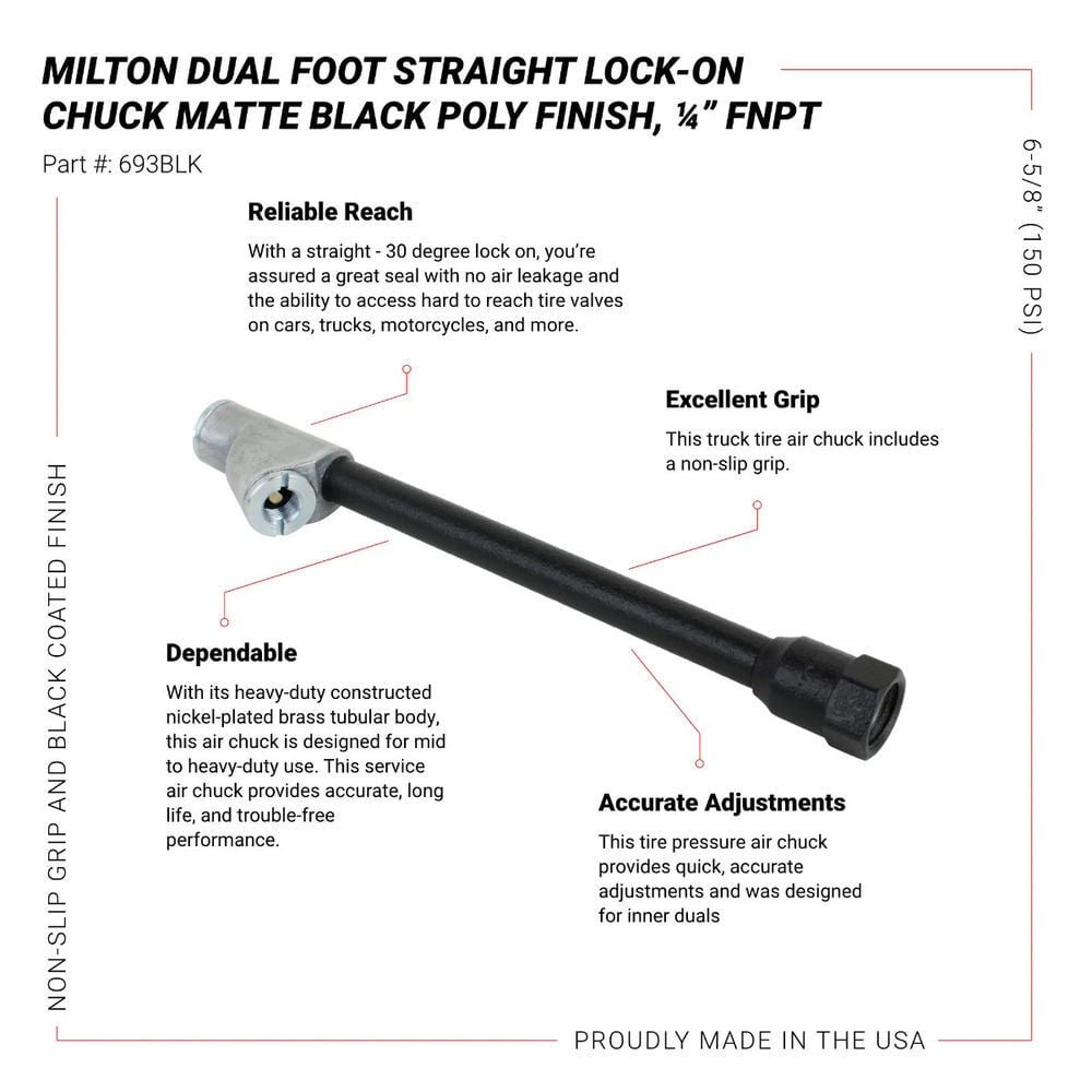 Milton 1/4 Inch FNPT Dual Foot Straight Lock-on Chuck Non-Slip Grip Matte Black Poly Finish Use with Tire Inflator/Pressure Gauges, large image number 6