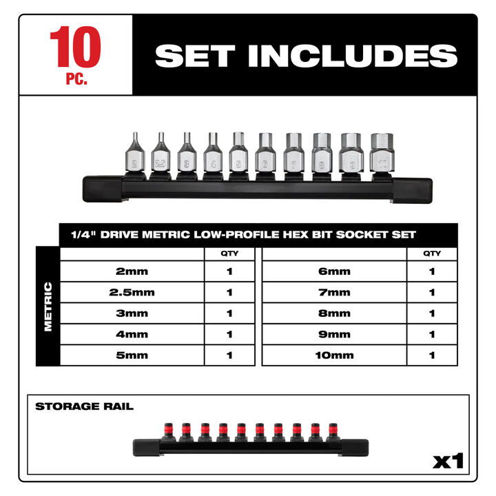 Milwaukee 1/4 Inch Drive Low Profile Hex Bit Socket Set Metric 10 Pieces, large image number 1