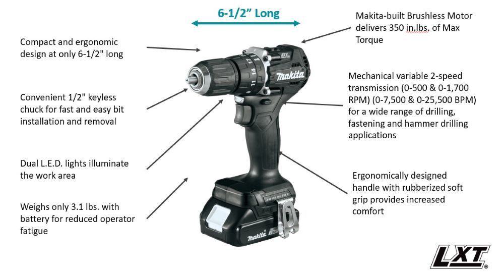 Makita Promotional 18V LXT Hammer Driver Drill Sub Compact 1/2 Inch (Bare Tool), large image number 2