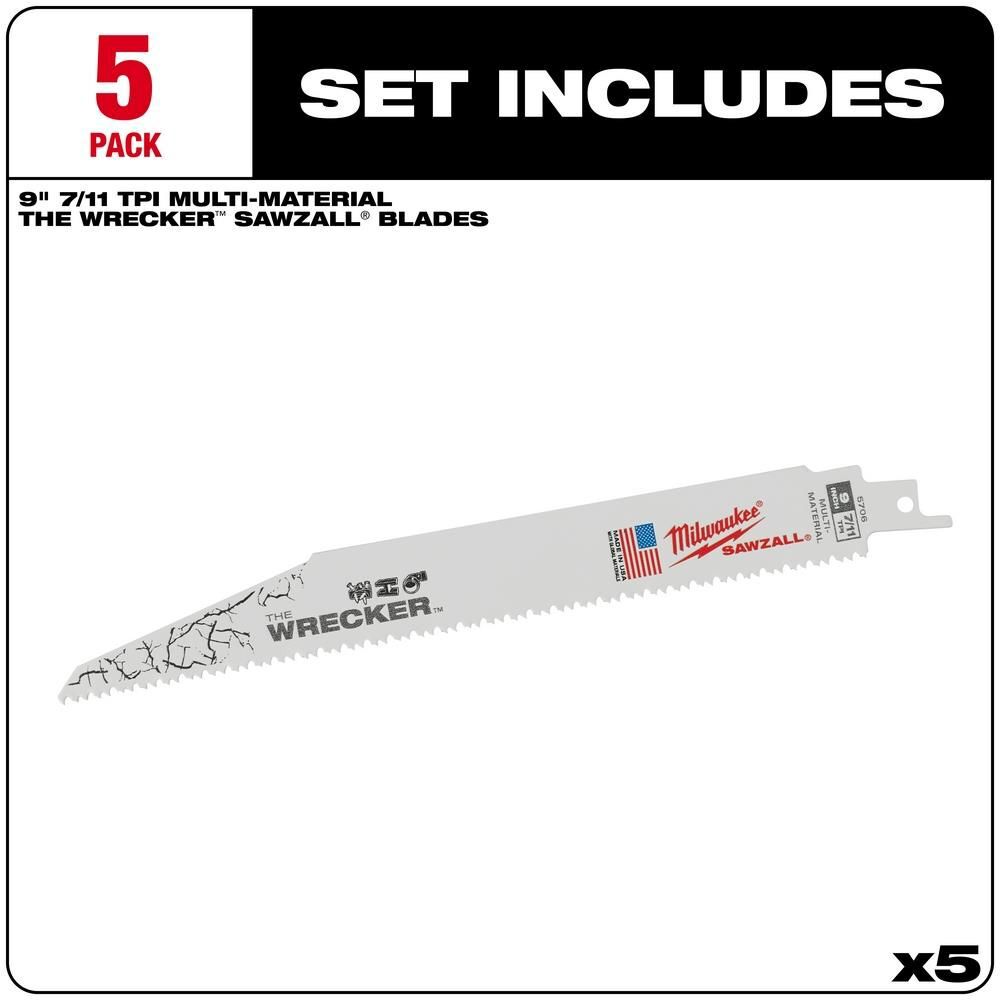 Milwaukee The Wrecker Multi-Material SAWZALL Blade 9 In. 7/11TPI 5 pk, large image number 2