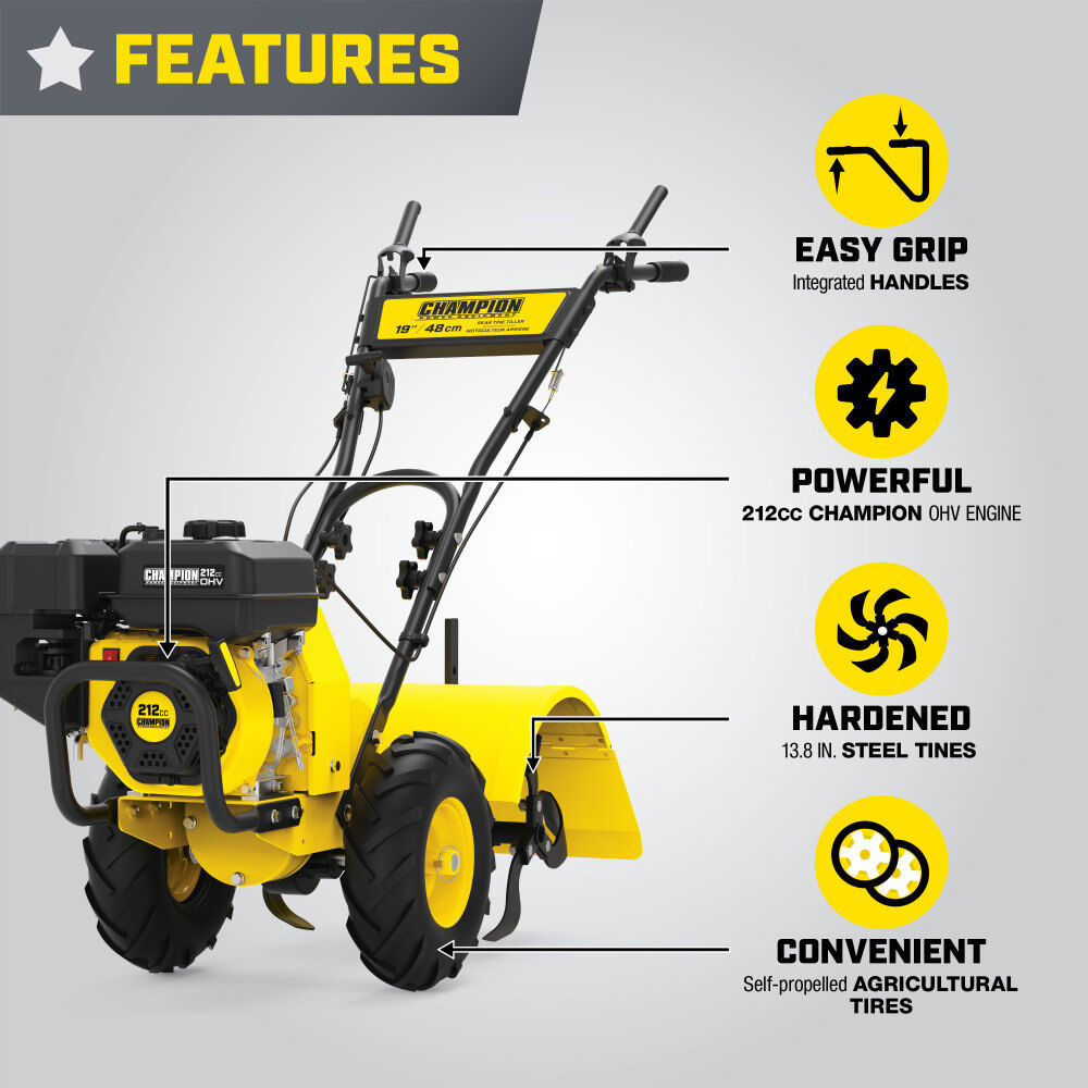 Champion Power Equipment Champion 19-Inch Counter Rotating Rear Tine Tiller with Self-Propelled Agricultural Tires, large image number 4