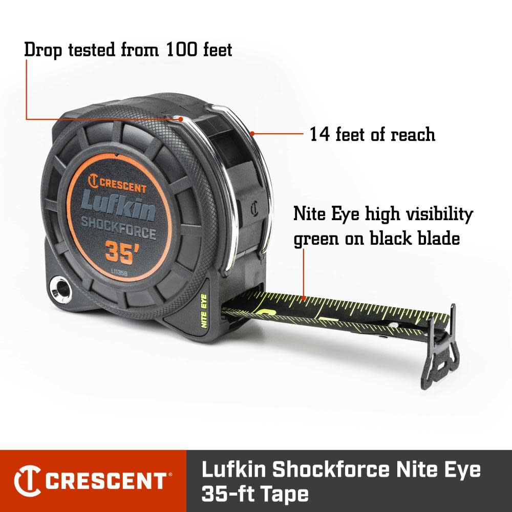 Crescent Lufkin Shock Force Nite Eye Tape Measure 35' x 1 3 Crescent Lufkin Shock Force Nite Eye Tape Measure 35' x 1 3