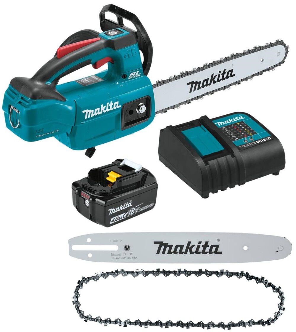 Makita 18V LXT Lithium-Ion Brushless Cordless 12 Inch Top Handle Chain Saw Kit (4.0 Ah) with Replacement Guide Bar & Saw Chain Bundle – MAK000011308