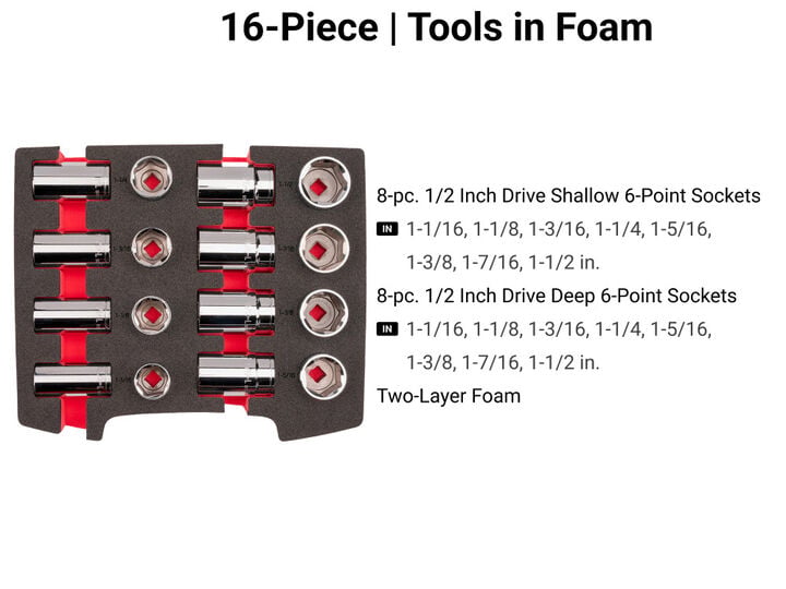 Tekton 1/2 Inch Shallow and Deep 6-Point Sockets, Drawer, 16 Pieces, large image number 2