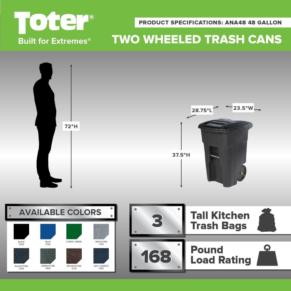 Toter 48 Gallon Trash Can with Smooth Wheels and Lid, large image number 2