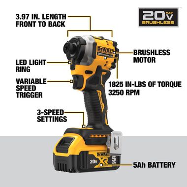 DEWALT ATOMIC 20V MAX Impact Driver Kit 1/4in 3 Speed Brushless Cordless, large image number 12