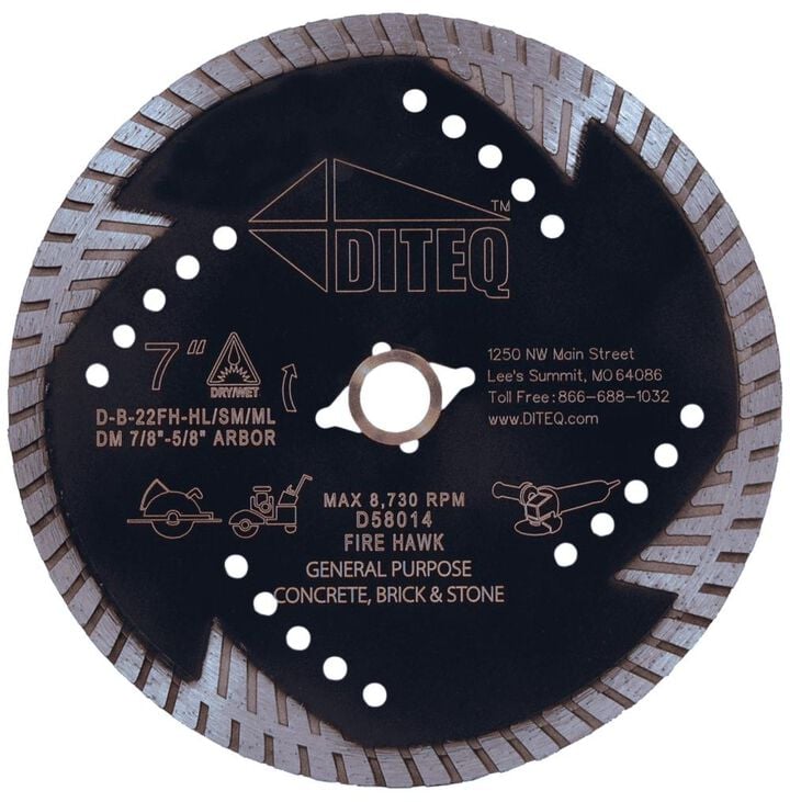 Diteq B-22 Firehawk III 7 Inch Premium Turbo Rim Diamond Blade for Concrete and Masonry