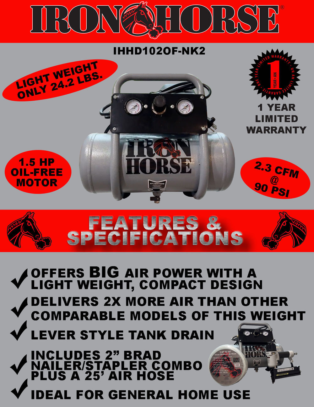 Iron Horse 2 Gallon 1HP Hot Dog Air Compressor with Accessory Kit, large image number 4