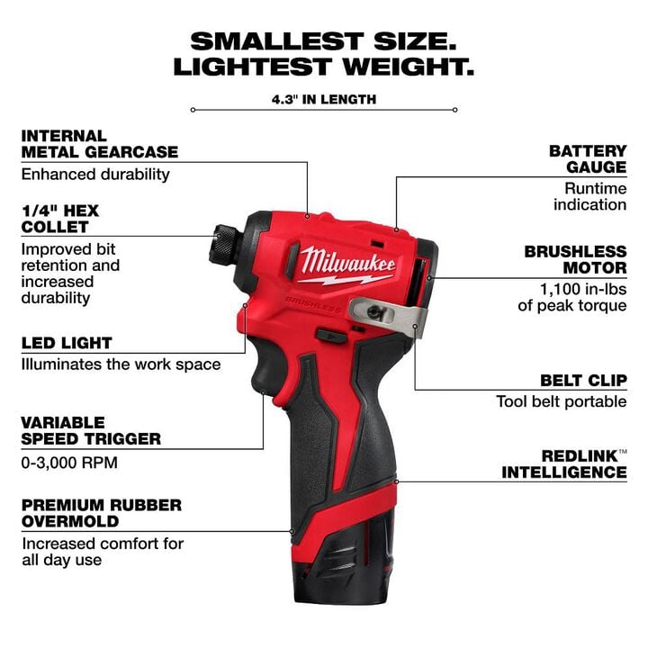 Milwaukee M12 Subcompact Brushless 1/4 Inch Hex Impact Driver Kit, large image number 3