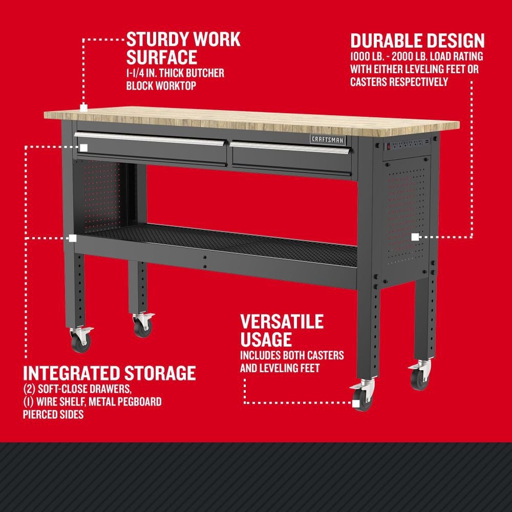CRAFTSMAN 6 Ft. 2-Drawer Adjustable Height Workbench, Black
