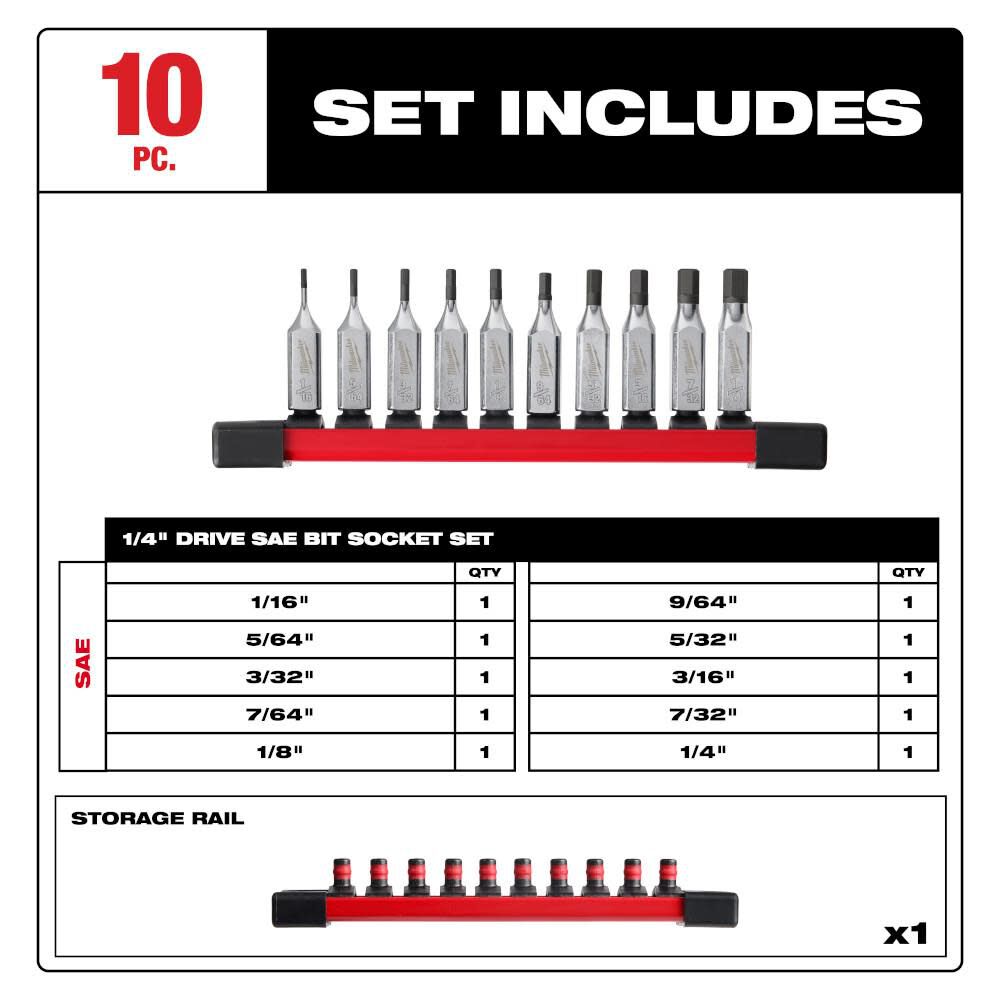 Milwaukee 1/4 Inch Drive Hex Bit SAE Socket Set 10pc, large image number 2