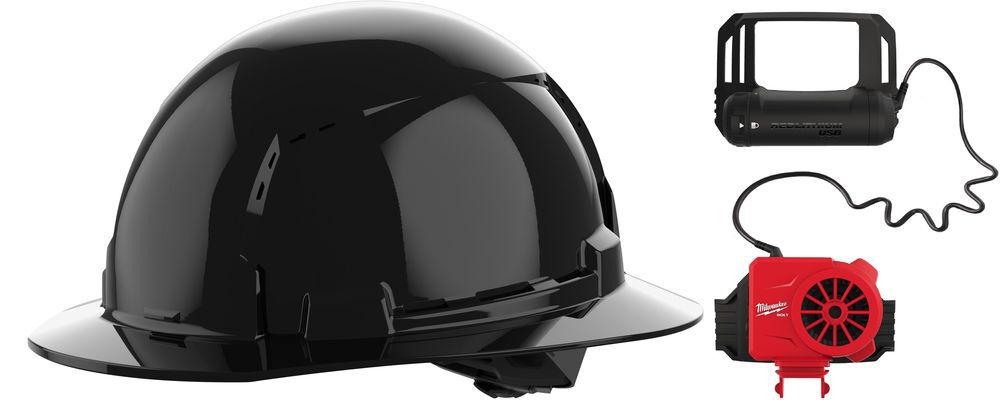 Milwaukee BOLT Black Full Brim Vented Hard Hat with 4pt Ratcheting Suspension Type 1 Class C & Cooling Fan Bundle, large image number 1