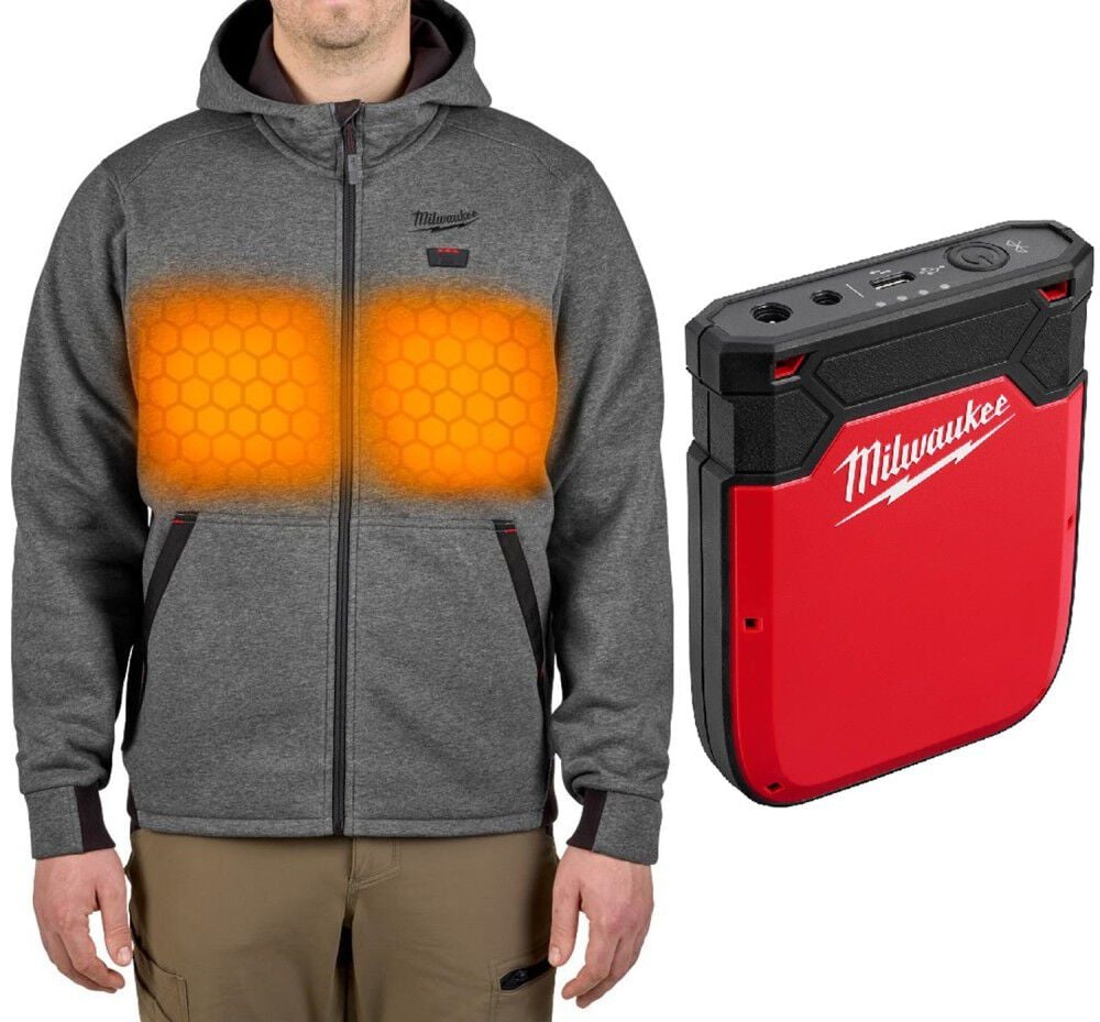 Milwaukee M12 Heated Hoodie, Gray, 2X & Heated Gear Power Source with App Control Bundle Size 2XL – MIL000011604