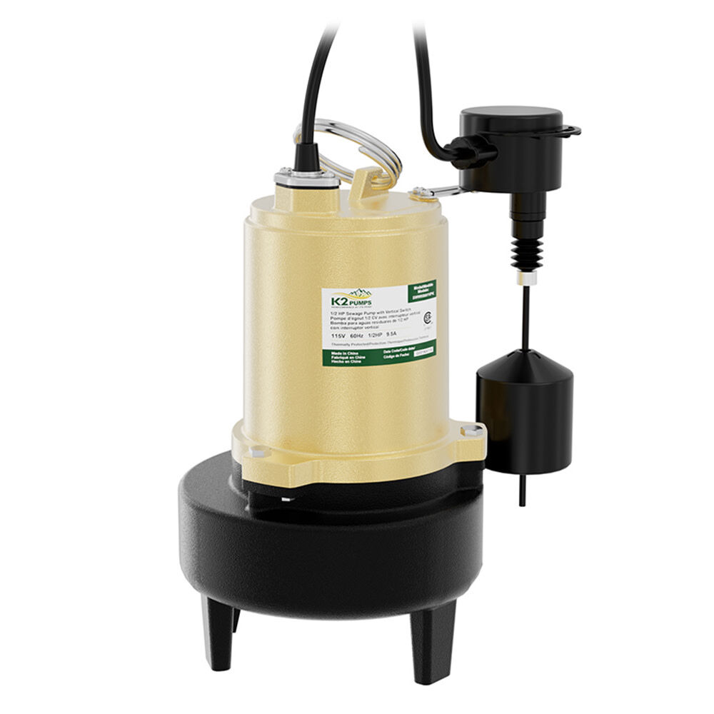K2 Pumps Sewage Pump 1/2 HP Cast Iron with Piggyback Vertical Switch, large image number 4