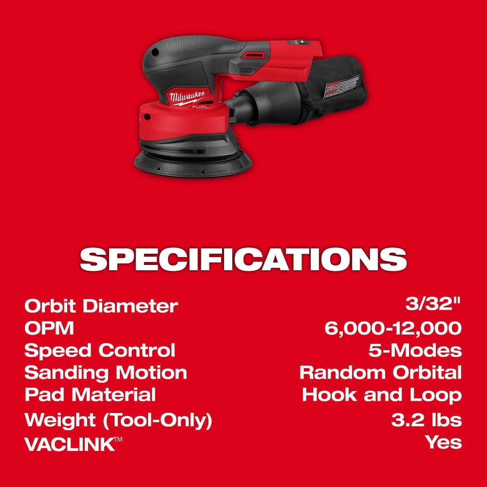Milwaukee M18 Fuel 5 Inch Random Orbital Sander Bare Tool 2837 20 - Image 9