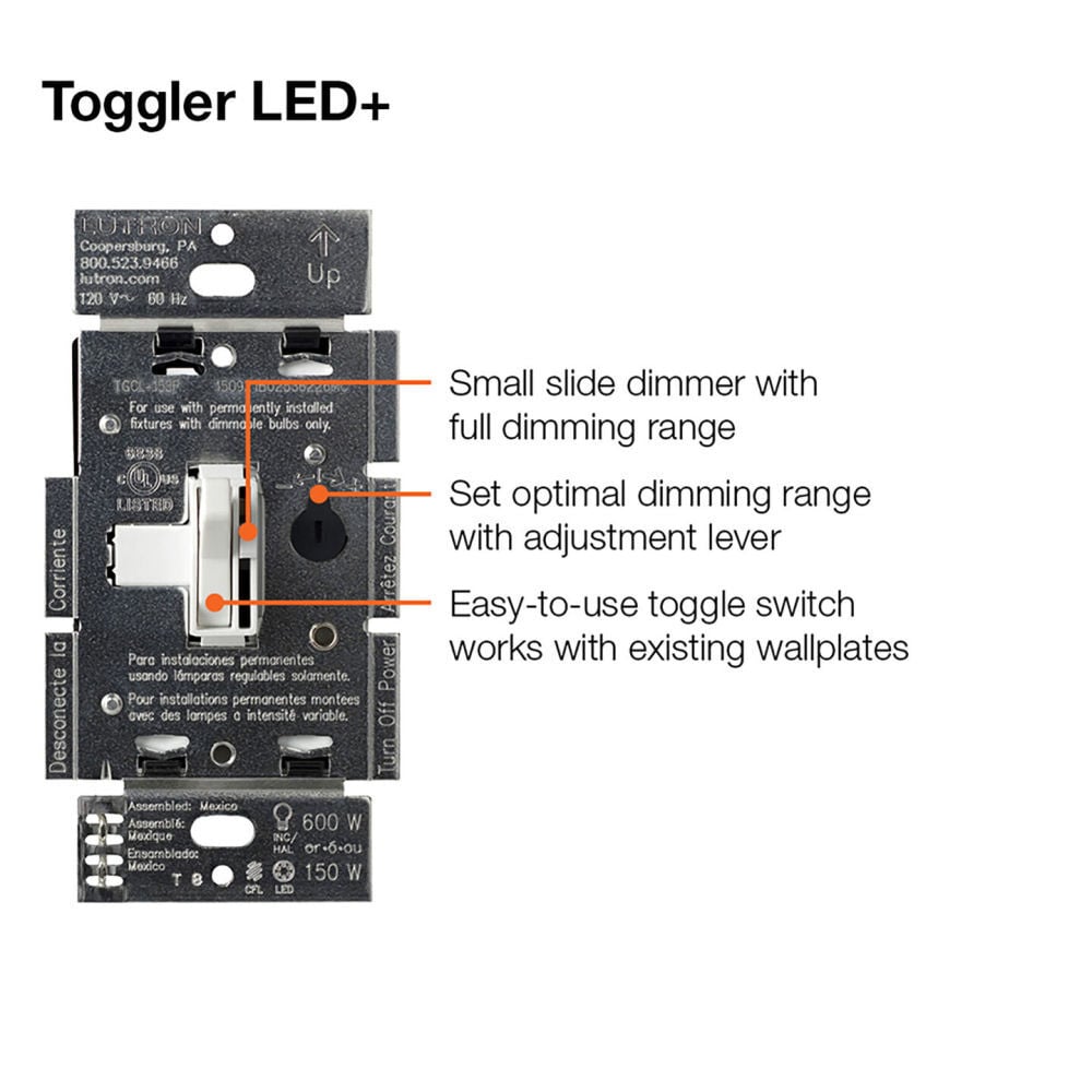 Lutron Toggler LED+ 120V 150W 1P Gloss Light Almond 3-Way Dimmer Switch, large image number 2