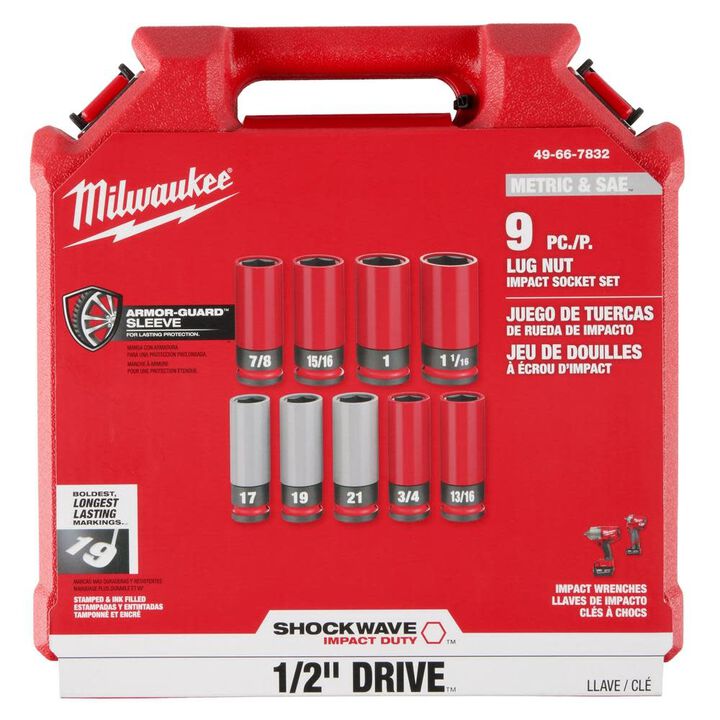 Milwaukee SHOCKWAVE Impact Duty Socket 1/2 Drive SAE & Metric 9PC Lug Nut Wheel Set, large image number 11