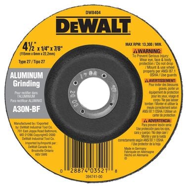 DEWALT 4-1/2 In x 1/ 4 In x 5/ 8 In-11 Aluminum Grinding Wheel, large image number 0