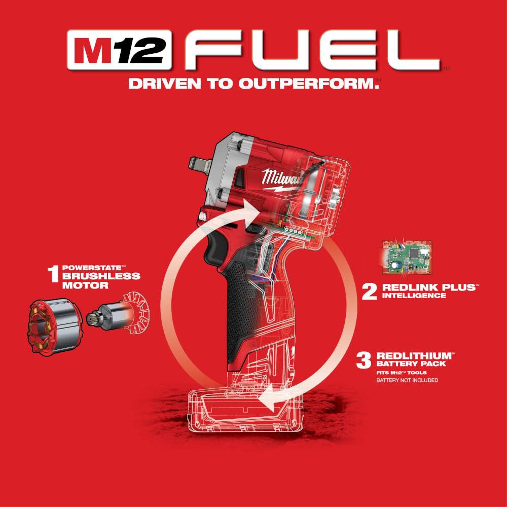 Milwaukee M12 FUEL Stubby 3 8 in. Impact Wrench Bare Tool 2554