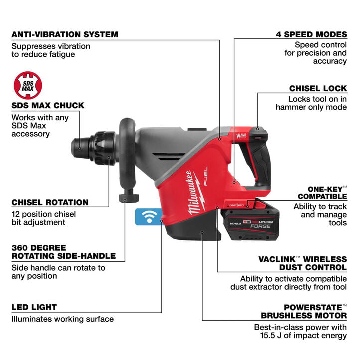 Milwaukee M18 FUEL 18 lb SDS MAX Demolition Hammer Kit with ONE-KEY, large image number 6