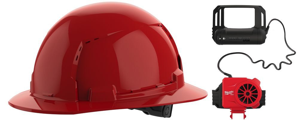 Milwaukee BOLT Red Full Brim Vented Hard Hat with 6pt Ratcheting Suspension Type 1 Class C & USB Cooling Fan Bundle, large image number 1