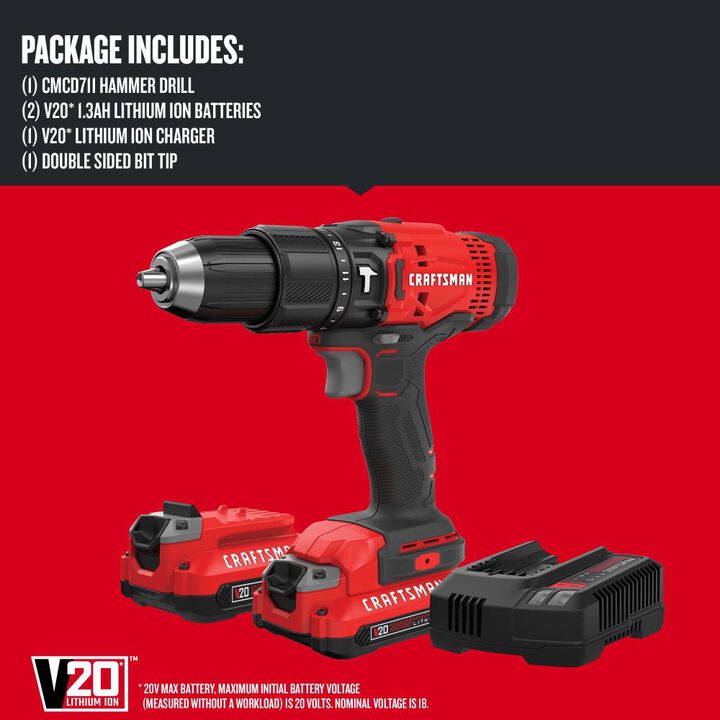 CRAFTSMAN V20 Cordless 1/2-Inch Hammer Drill Kit with Charger and Two 1.5 Ah Batteries , large image number 2