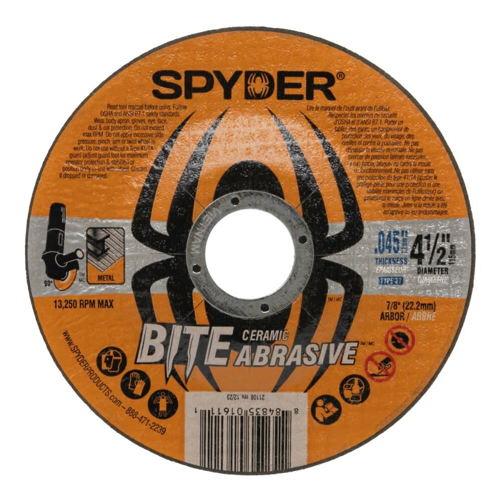 Spyder 4.5 Inch Ceramic Cut-Off Wheel, Type 27, 7/8 Inch Arbor, 0.045 Inch Thick, large image number 1