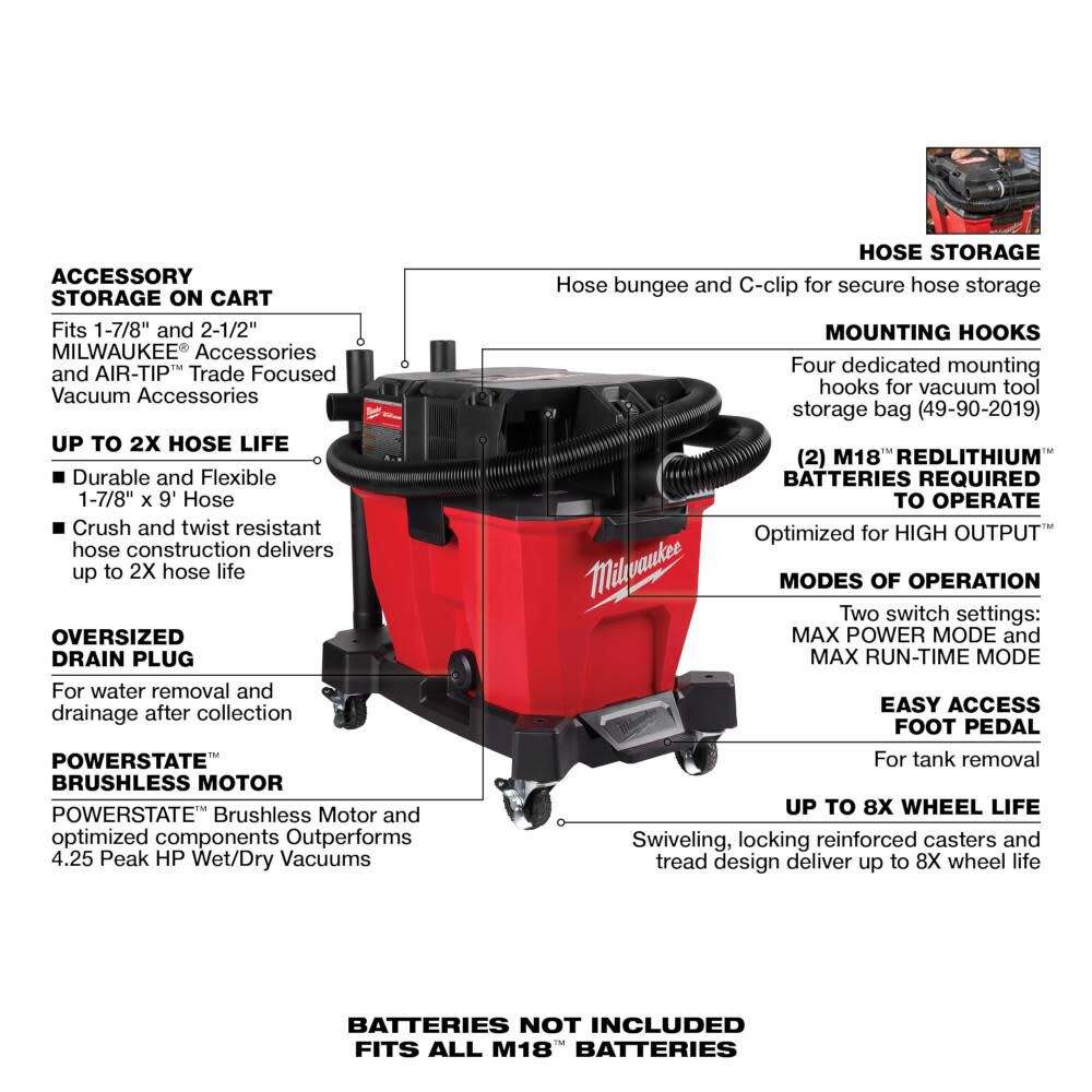 Milwaukee M18 FUEL 9 Gallon Dual-Battery Wet/Dry Vacuum - Reconditioned (Bare Tool), large image number 7