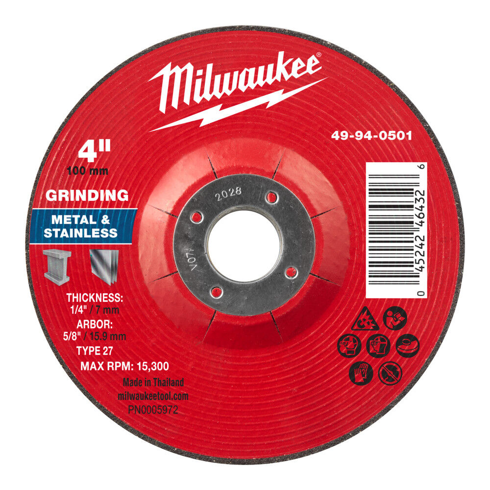 Milwaukee 4 Inch x 1/4 Inch x 5/8 Inch Metal Grinding  Wheel Type 27, large image number 1