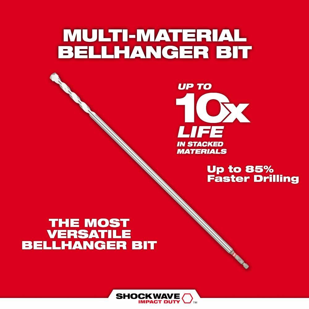 Milwaukee 3/8 Inch x 16 Inches x 18 Inches SHOCKWAVE Carbide Bellhanger Multi-Material Bit, large image number 6