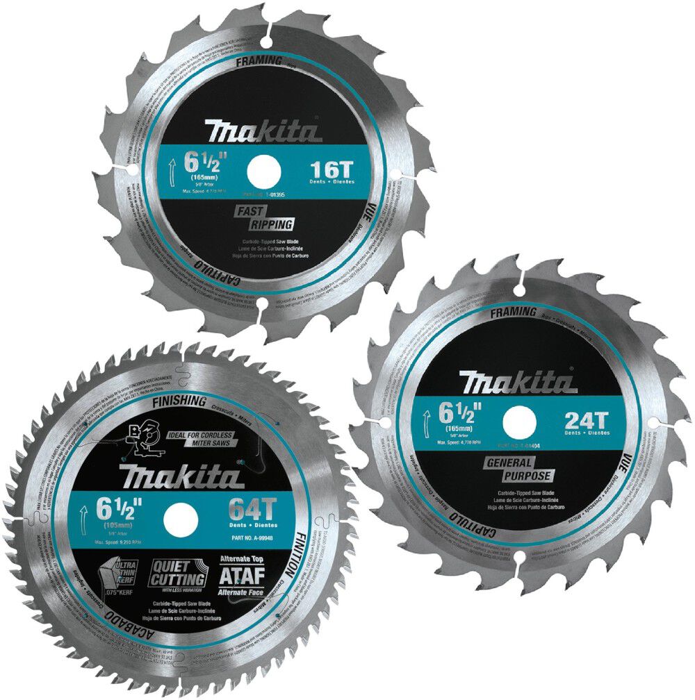 Makita 6-1/2 Inch 16T, 24T, & 64T Ultra-Thin Kerf Carbide-Tipped Circular Saw Blade Bundle, large image number 1