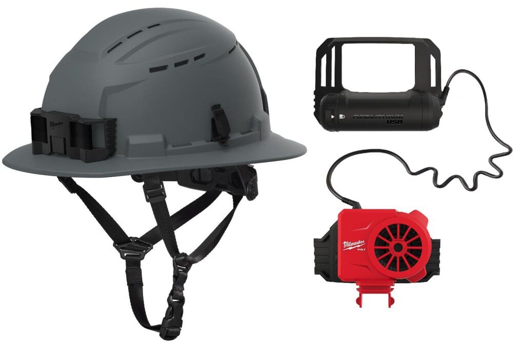 Milwaukee BOLT Gray Full Brim Vented Safety Helmet Type 2 Class C & Cooling Fan Bundle, large image number 1