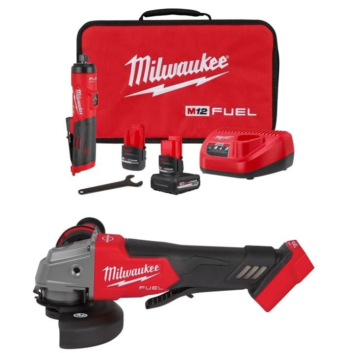Milwaukee M12 FUEL 1/4 Inch Straight Die Grinder Kit and M18 FUEL 4-1/2inch / 5inch Grinder Paddle Switch No-Lock (Bare Tool) Bundle