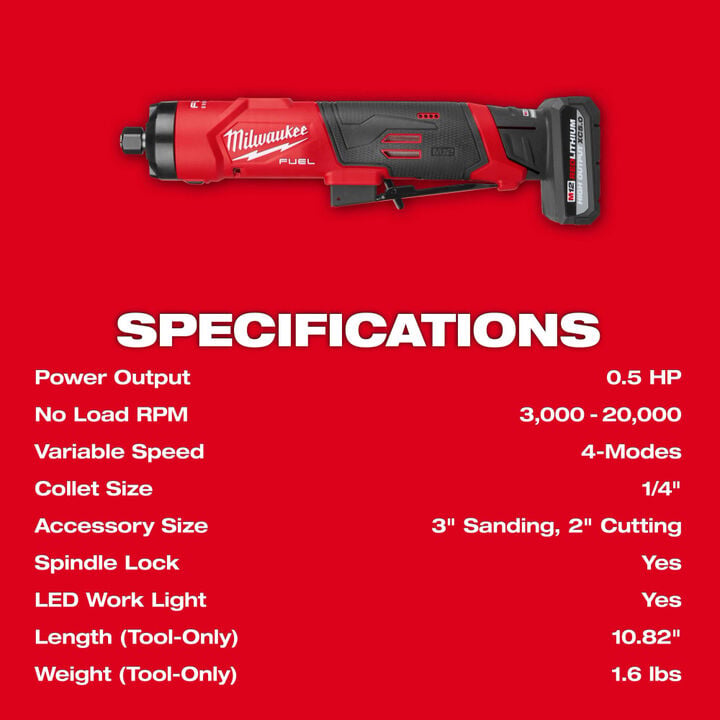 Milwaukee M12 FUEL 1/4 Inch Die Grinder Kit and M12 REDLITHIUM XC 12V 5Ah Lithium Ion Power Tool Battery Pack Bundle, large image number 8