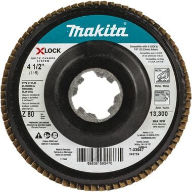 Makita X-LOCK 41/2in 80 Grit Type 27 Flat Blending and Finishing Flap Disc for X-LOCK and All 7/8in Arbor Grinders